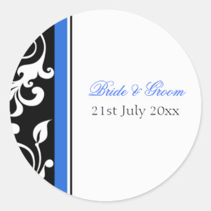 Sticker Rond Mariage floral tourbillon bleu royal noir et blanc