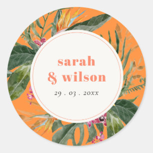 Sticker Rond Mariage floral tropical orange vif Boho