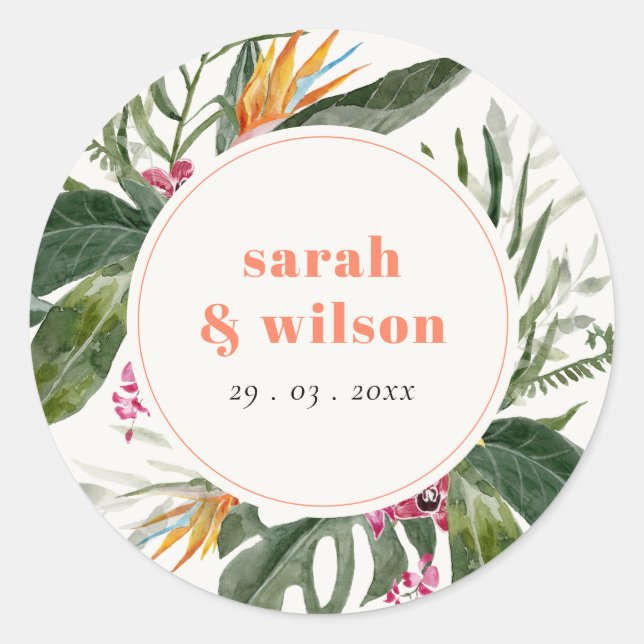 Sticker Rond Mariage floral tropical vibrant Peach Blush Boho (Devant)