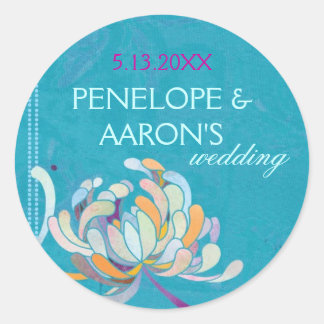 Sticker Rond Mariage floral turquoise Enregistrer la date