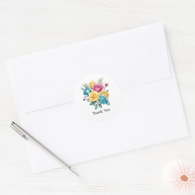 Sticker Rond Mariage floral turquoise, jaune et rose (Enveloppe)
