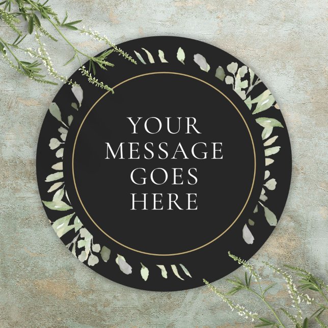 Sticker Rond Mariage floral vert doré noir aquarelle (Watercolor Greenery Floral Gold Black Wedding Classic Round Sticker)