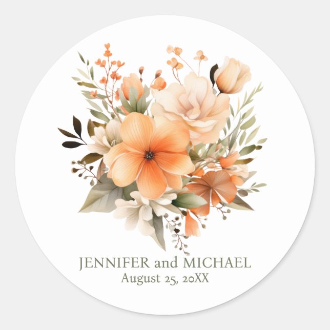 Sticker Rond Mariage floral vert et pêche d'été (Devant)