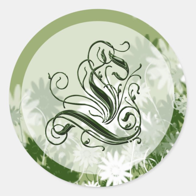 Sticker Rond Mariage floral vert Monogramme L Sceau (Devant)