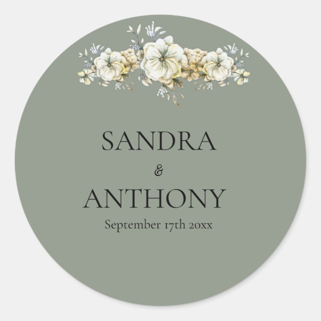 Sticker Rond Mariage Floral Vert Sauge  (Devant)