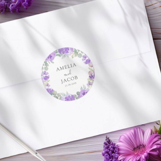 Sticker Rond Mariage Floral Violet Aquarelle (Créateur téléchargé)