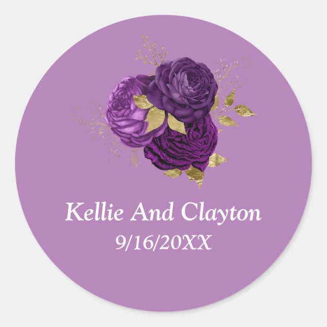 Sticker Rond Mariage Floral Violet Et Or (Devant)