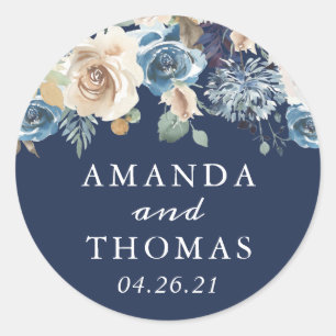 Sticker Rond Mariage floral Whimsical Rustique bleu marine