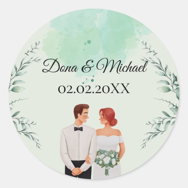 Sticker Rond Mariage fluide aquarelle verte personnalisée (Devant)