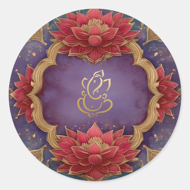 Sticker Rond Mariage Ganesh | Indien Dieu violet Lotus rose (Devant)