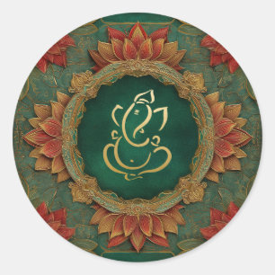 Sticker Rond Mariage Ganesh Mariage Indien Lotus Vert