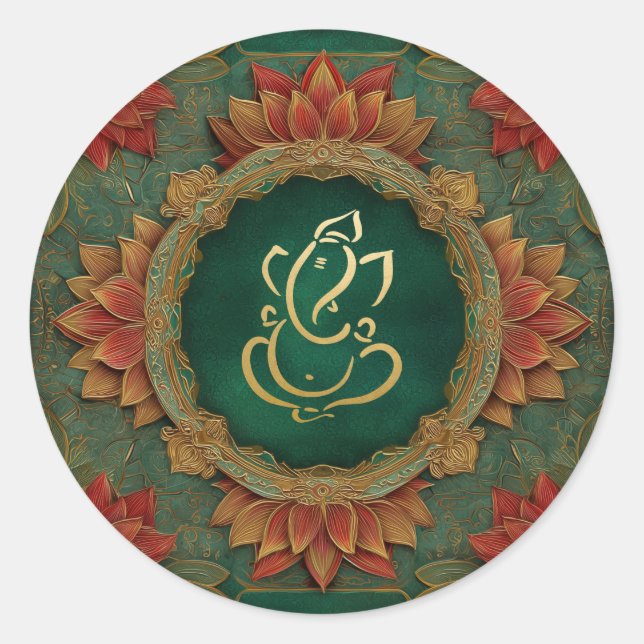 Sticker Rond Mariage Ganesh | Mariage Indien Lotus Vert (Devant)