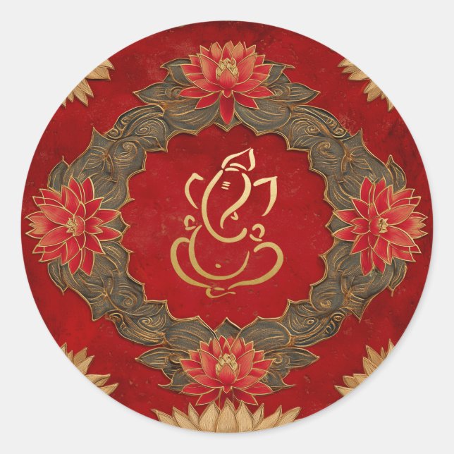 Sticker Rond Mariage Ganesh | Mariage Indien Or Lotus Rouge (Devant)