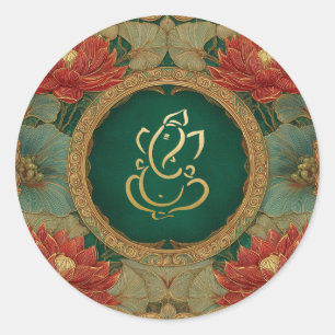 Sticker Rond Mariage Ganesh Mariage Indien Rose Lotus Vert