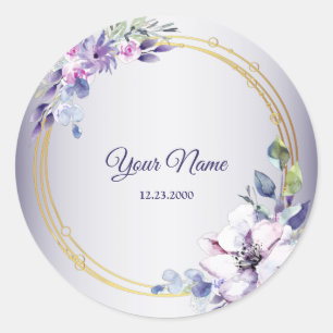 Sticker Rond Mariage Géométrique Floral Aquarelle Doré Violet