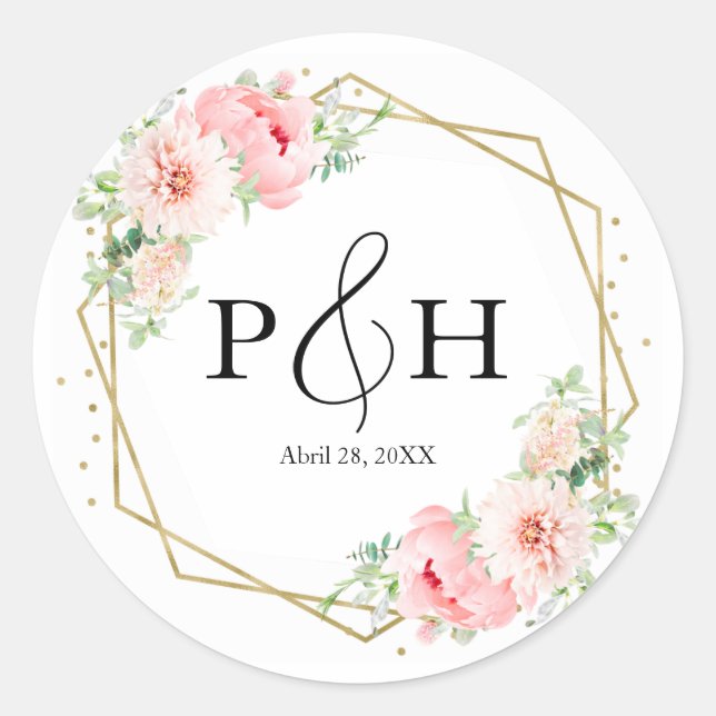 Sticker Rond Mariage géométrique floral blush monogramme feuill (Devant)