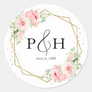Sticker Rond Mariage géométrique floral blush monogramme feuill