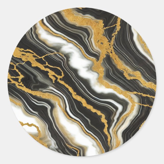 Sticker Rond  Mariage Glam Aspect Marbre Noir Blanc Or  (Devant)