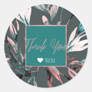 Sticker Rond Mariage Glam Botanique Aquarelle Gris Corail Sarce
