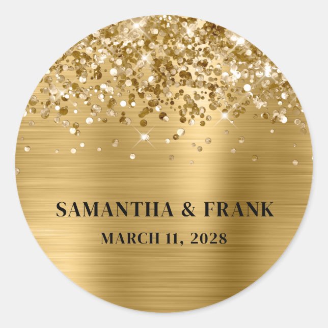 Sticker Rond Mariage Glamour Pailleté Or Feuille (Devant)