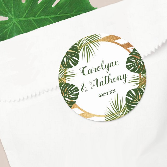 Sticker Rond Mariage Gold Foil & Green Palm Leaf Beach (Créateur téléchargé)
