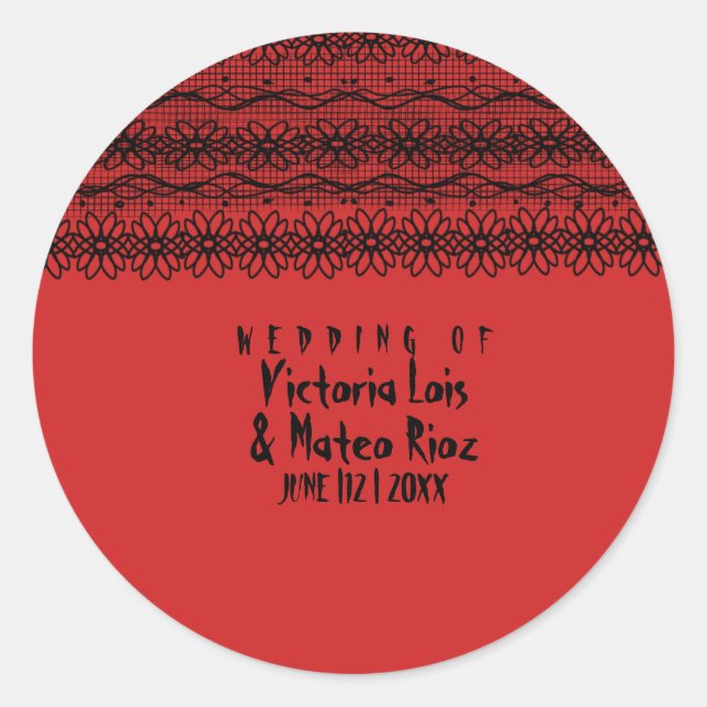 Sticker Rond Mariage gothique dentelle rouge noir (Devant)