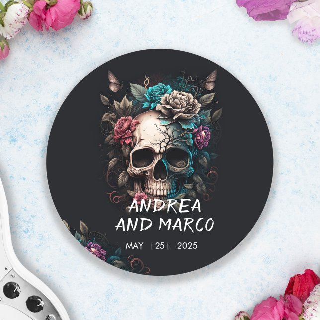 Sticker Rond Mariage gothique du tatouage au crâne (Skull Tattoo Rock and Roll Gothic Wedding Classic Round Sticker)
