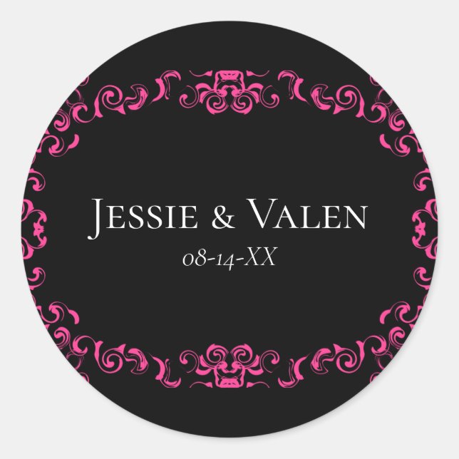 Sticker Rond Mariage gothique rose chaud et noir (Devant)