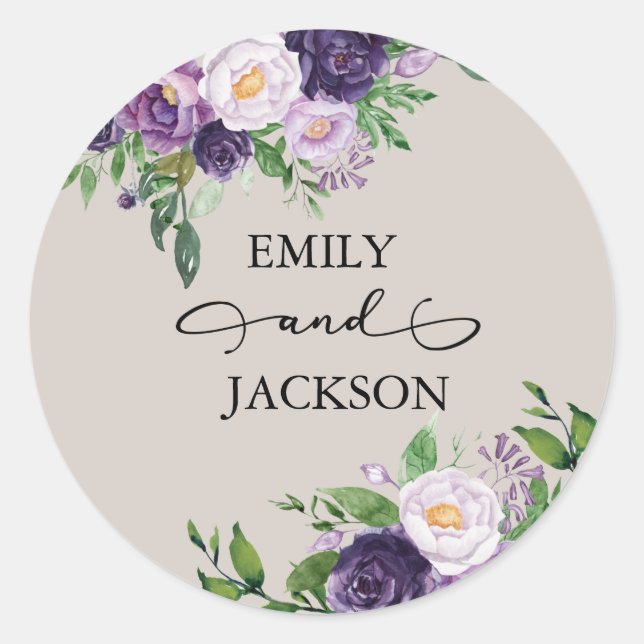 Sticker Rond Mariage Gris Lavande Violet Prune Végétal (Devant)