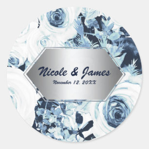 Sticker Rond Mariage Hiver Bleu Blanc Argent Roses Vintage