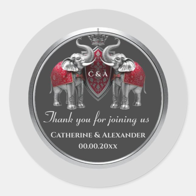Sticker Rond Mariage indien éléphants d'argent couronne royale  (Devant)