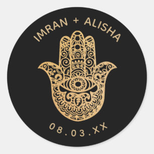 Sticker Rond Mariage indien Gold Black hamsa Henna