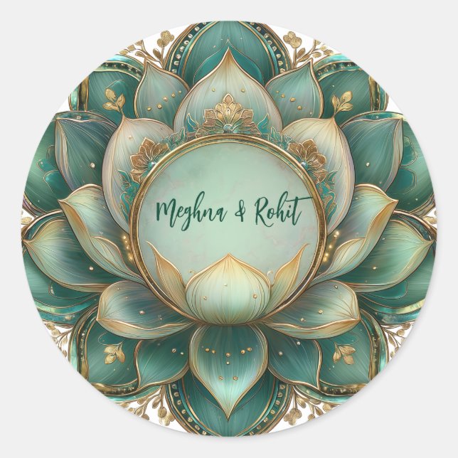 Sticker Rond Mariage indien Gold Green Lotus (Devant)