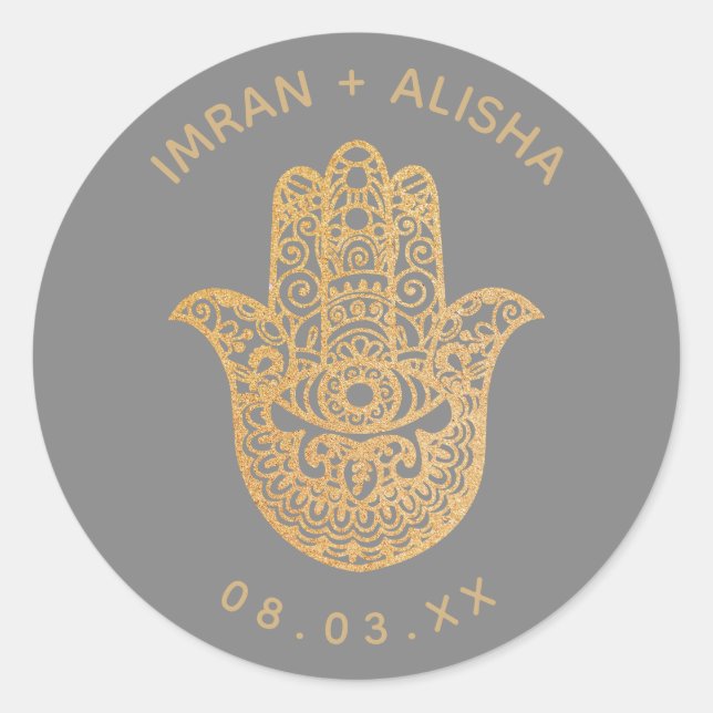 Sticker Rond Mariage indien Gold Grey hamsa Henna (Devant)