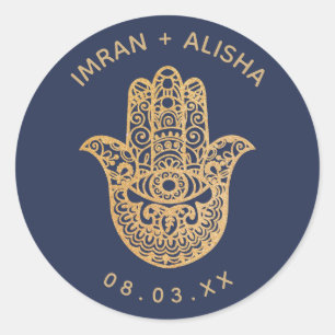 Sticker Rond Mariage indien Gold Navy Blue hamsa Henna