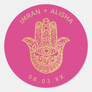 Sticker Rond Mariage indien Gold Pink hamsa Henna