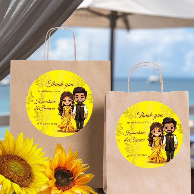 Sticker Rond Mariage indien Haldi Sanget merci pour (Haldi Sanget cute bridal couple Indian wedding favors personalized printed thank you favor Sticker)