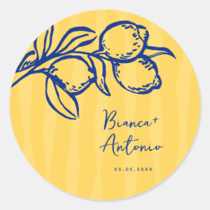 Sticker Rond Mariage Italien Bleu Rétro Dessiné à la Main