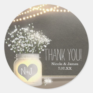 Sticker Rond Mariage Jar Mason Lumineux en Forme de Coeur & Bab