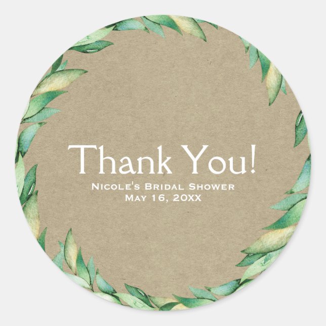 Sticker Rond Mariage Kraft Rustique Feuilles Vertes Aquarelle (Devant)
