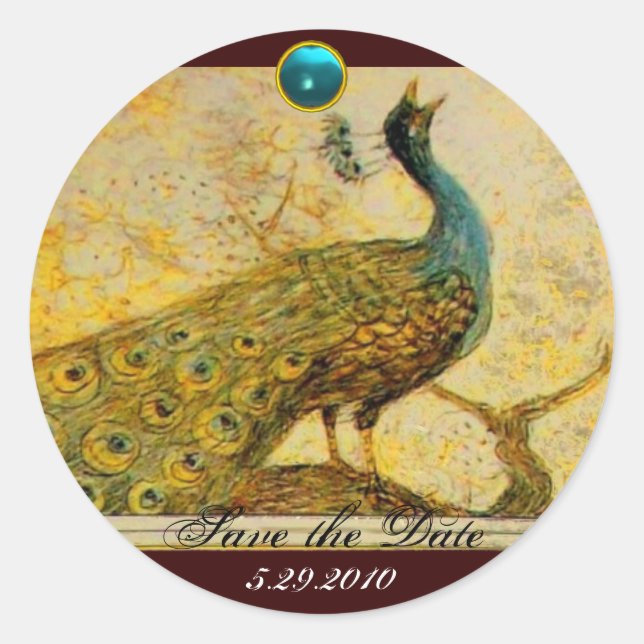 Sticker Rond MARIAGE LOVE PEACOCK jaune brun bleu aquamarine (Devant)