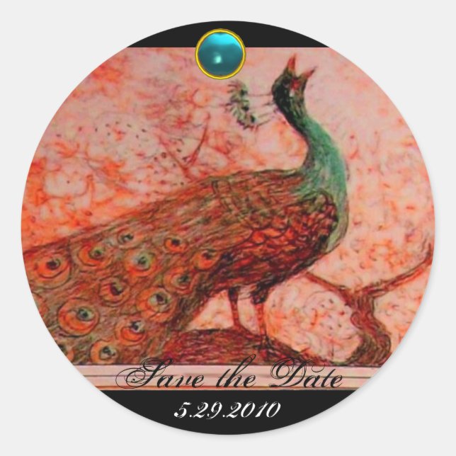 Sticker Rond MARIAGE LOVE PEACOCK orange noir bleu aquamarine (Devant)