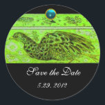 Sticker Rond MARIAGE LOVE PEACOCK vert noir bleu aquamarine<br><div class="desc">Design élégant et élégant avec une pierre 3d gem, facilement personnalisable avec vos initiales et votre texte, développement graphique numérique par Bulgan Lumini .Facile à customiser avec votre propre texte pour toute occasion comme enregistrer les cartes de remerciements / , douches nuptiales, anniversaires, fêtes, douches fiançailles, ou à peu près...</div>