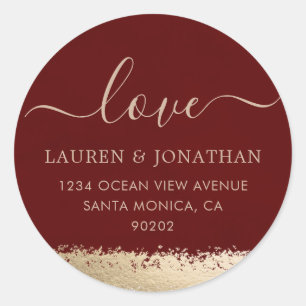 Sticker Rond Mariage Love Script, Bourgogne et Gold Foil