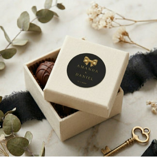 Sticker Rond Mariage Luxe Noir et Or  Ruban Doré