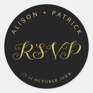 Sticker Rond Mariage luxe or noir élégant rsvp
