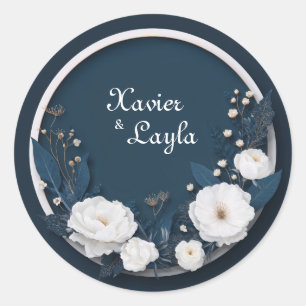 Sticker Rond Mariage Luxueux Bleu Nuit Blanc Floral Or