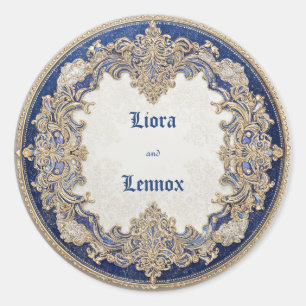 Sticker Rond Mariage Luxueux Victorien Bleu Or Ornementé Filigr