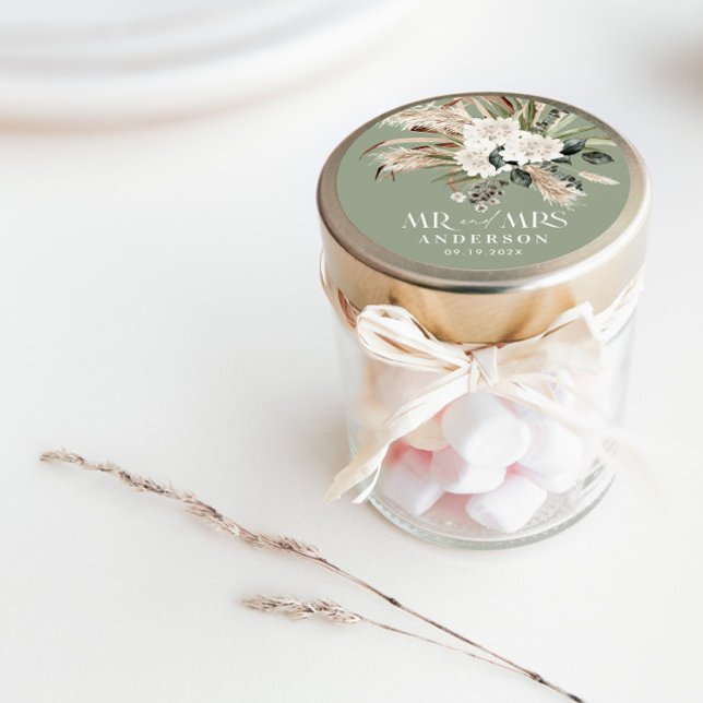 Sticker Rond Mariage M. Mme Pampas herbe, eucalyptus botanique (Créateur téléchargé)