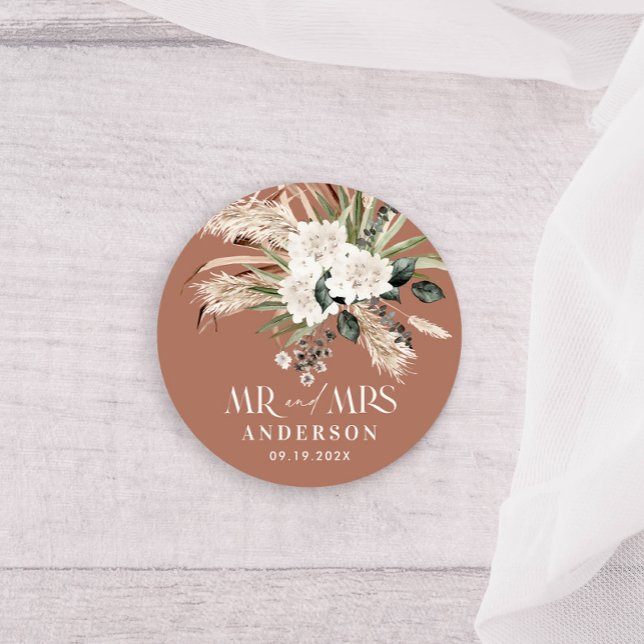 Sticker Rond Mariage M. Mme Pampas herbe, eucalyptus botanique (Créateur téléchargé)